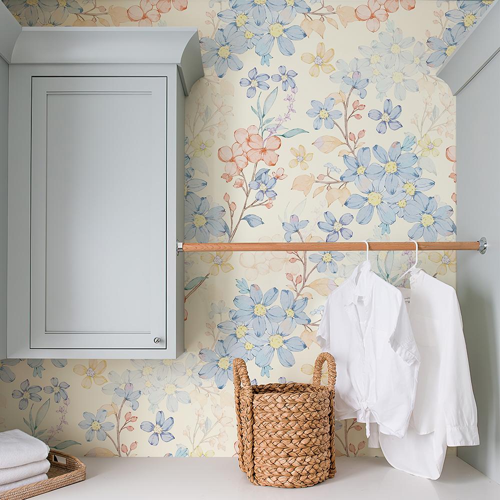 Elegant Light Blue Floral Wallpaper Peel And Stick PVC Flower Home Decoration Self Adhesive Yellow Cabinet Sticker