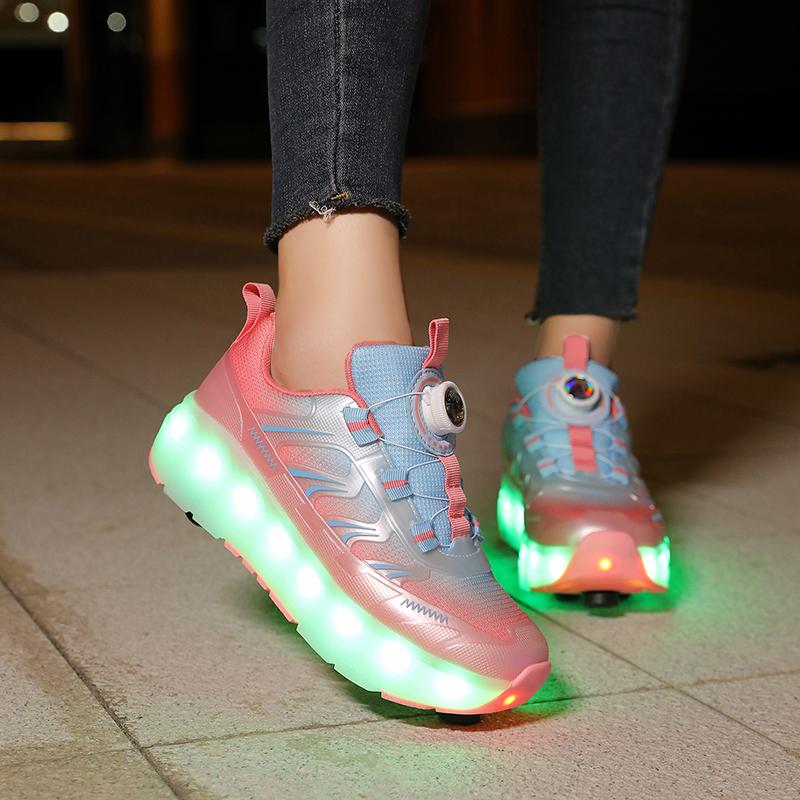 Kid's Roller Skates Removable Flat Charging LED Four Wheels Glowing Sports Shoes Pink Women's Glowing Sneakers