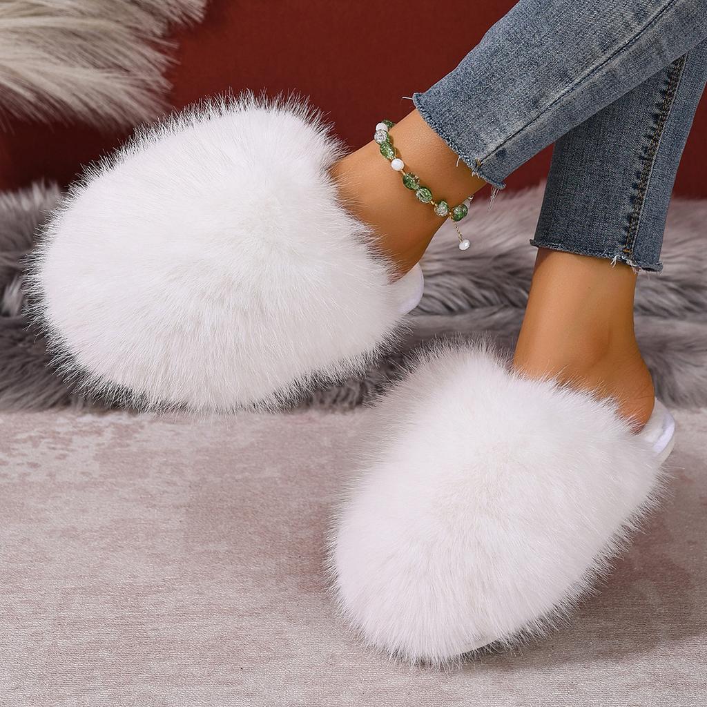 Korean Style Faux Fur Slippers with Non-Slip Rubber Sole