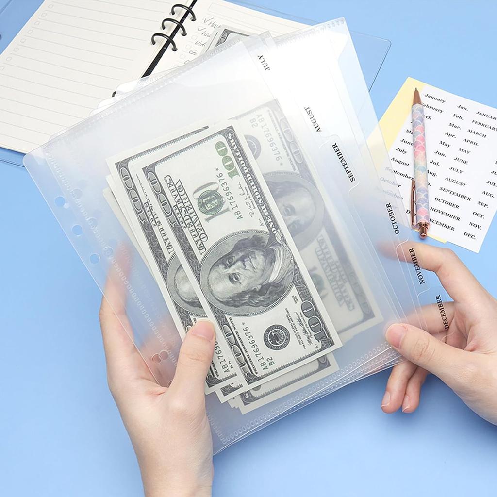 NatSumeBasics 12 A5 Binder Pocket Dividers with Tabs Zipless 5" x 8" Clear Cash Stuffing Envelopes Planner erts for 6 Ring Budgeting Accessories (12