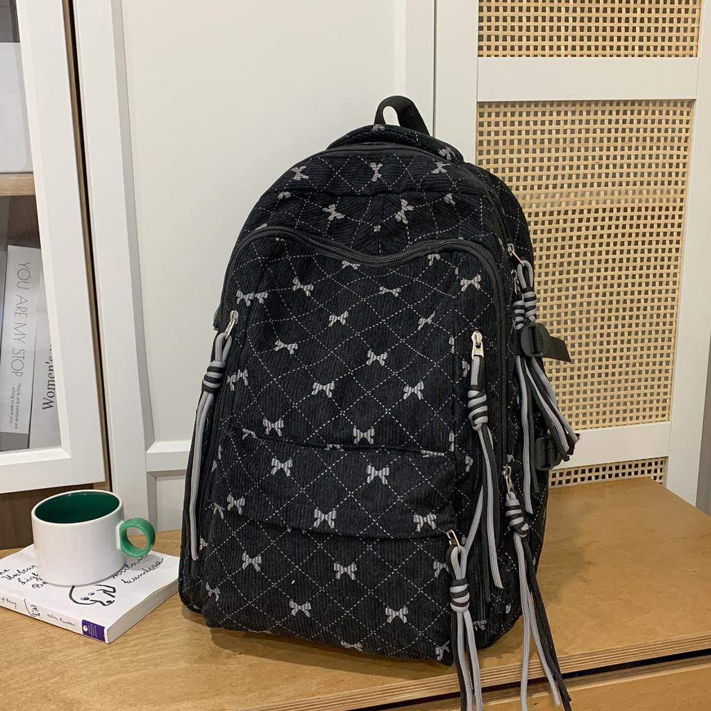 Bow Print Corduroy Backpack Casual Fashion Daily Bag Large Capacity School Bag for Students Minimalist Design Commute Travel with Tassel Accents