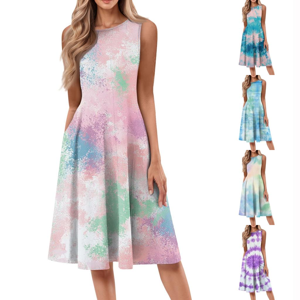 Rochie Midi Casual de Damă cu Mâneci Scurte, cu Imprimeu Tie-Dye, cu Gât Rotund, Fără Mâneci, Culoare Solidă