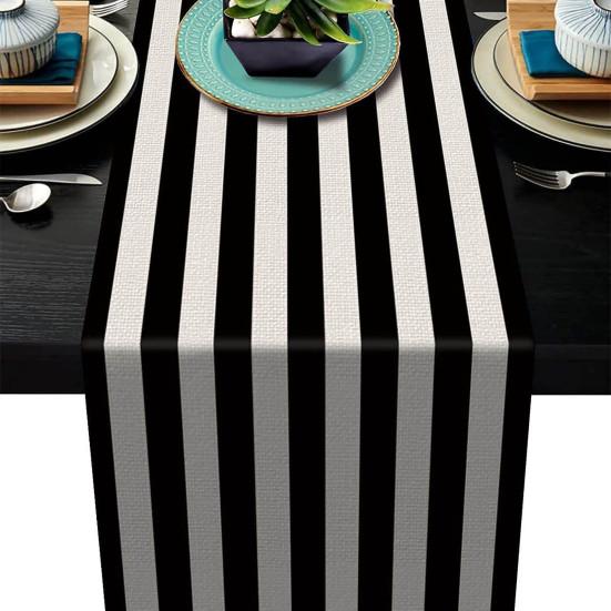 Decorative Table Cover for Home Modern Geometric Runner, Black And White Checkered Minimalist Decoration 72 Inch Striped Runner Dining Decor
