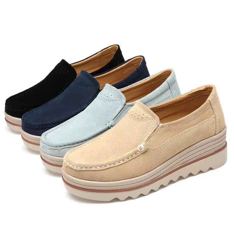 Big cowhide flower women's shoes fringed round head wedge heel platform casual women's shoes