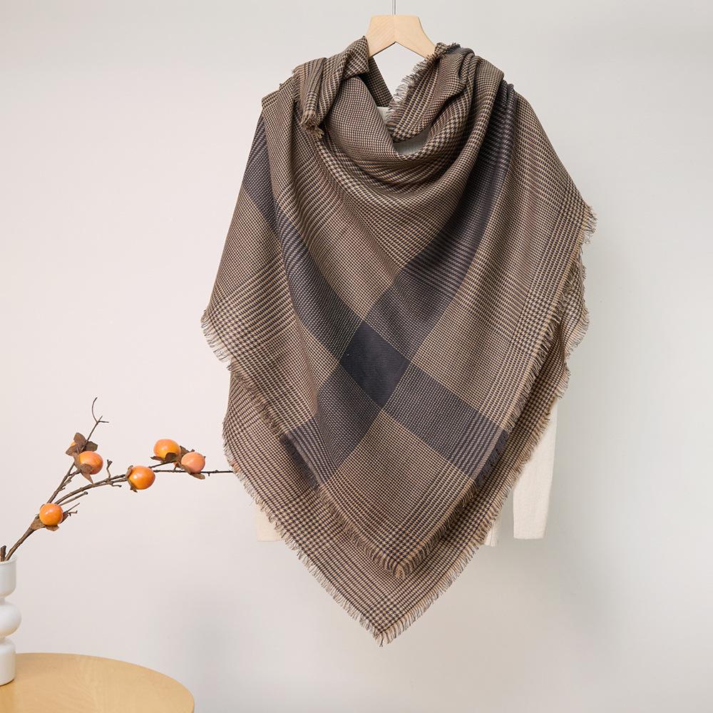 

Женский зимний клетчатый шарф-шаль из мериносовой шерсти с кисточками