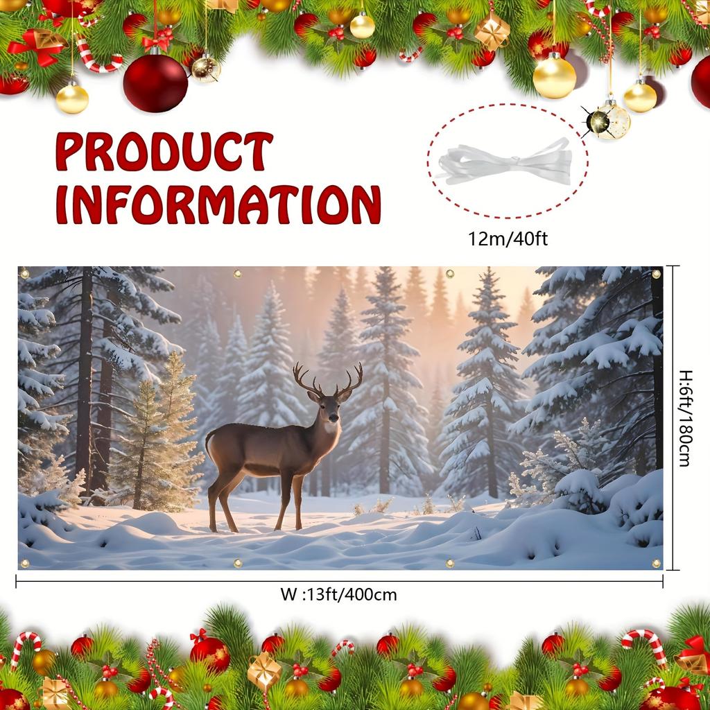 Christmas Deer in Snowy Forest Wreath Banner - Garden Decoration Suitable for Winter and Christmas Holidays - White