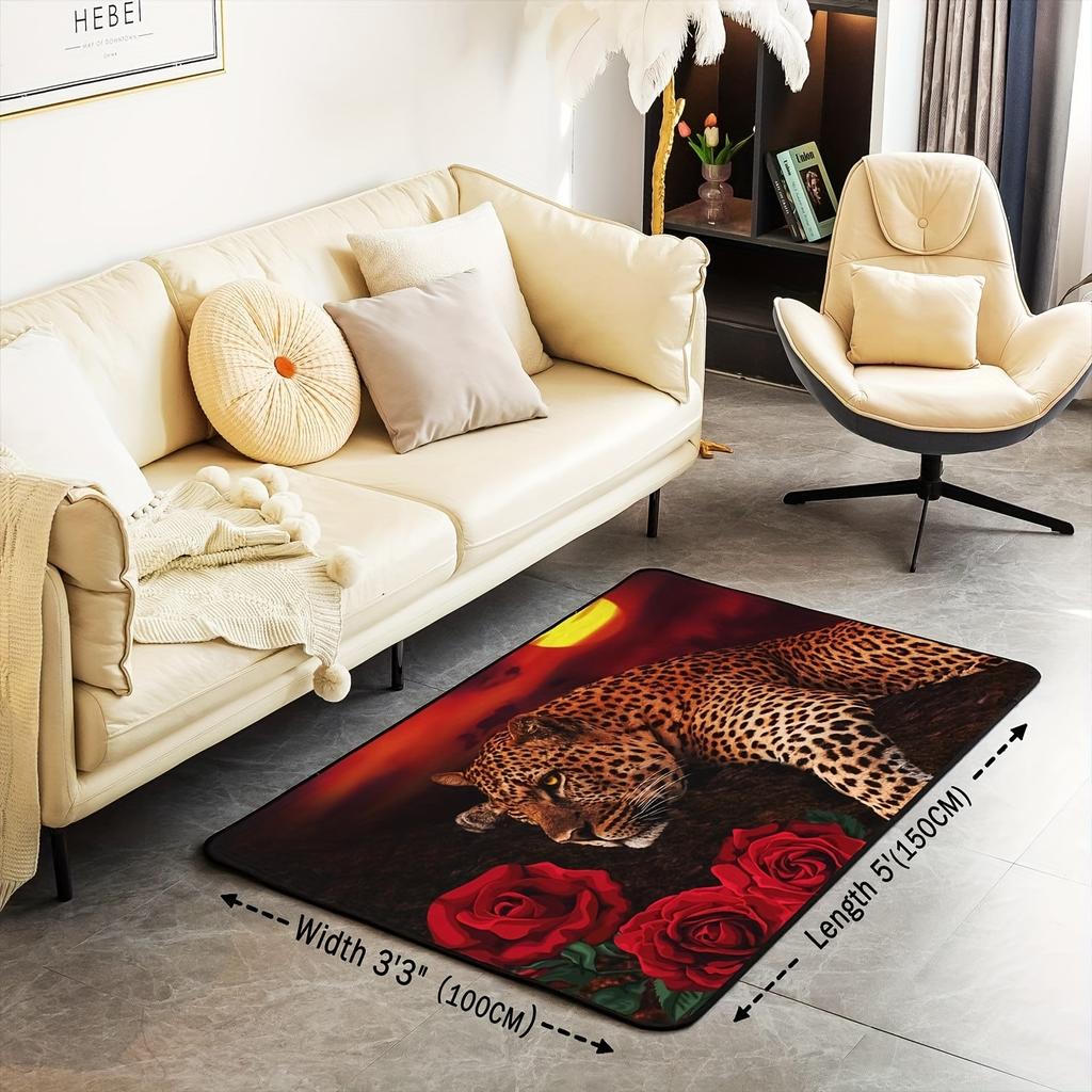 Luxury Leopard Print Botanical Floral Pattern Non-Slip Floor Mat Washable Decorative Area Rug for Living Room Bedroom Office