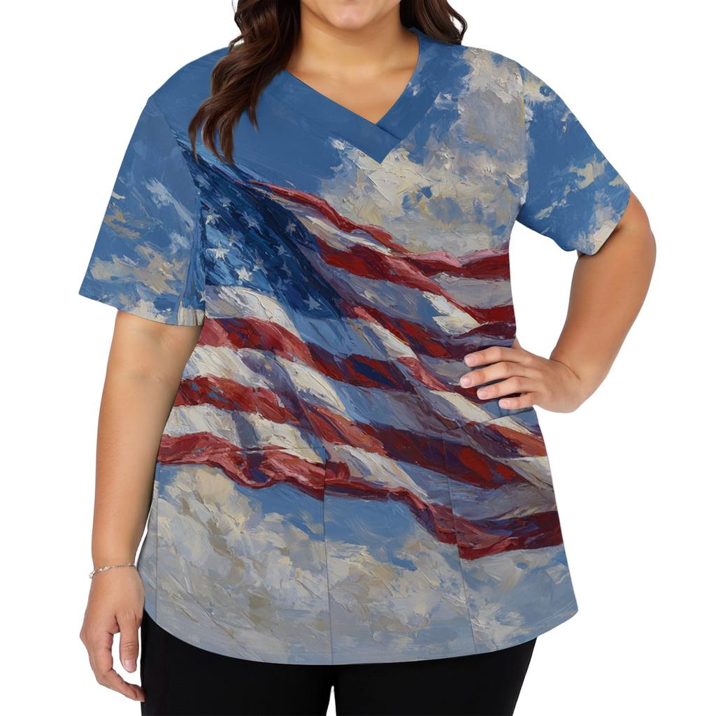 Women's Fashionable Casual Independence Day American Flag And Stars Print V-neck Short-Sleeved Work Shirt With Double Side Slits And Pockets