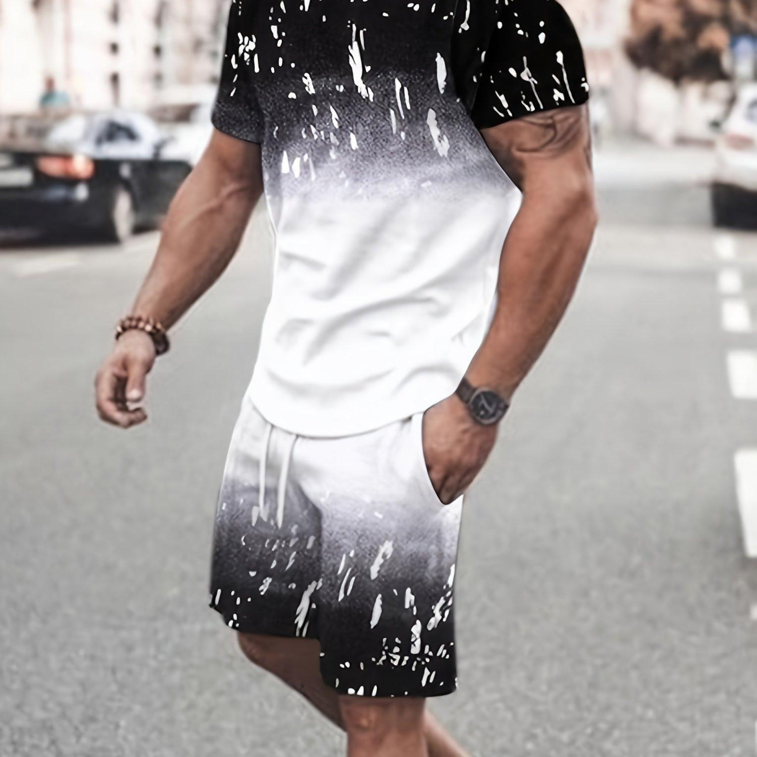 

Мужской комплект из 2 предметов в стиле Chic Gradient, мужская повседневная футболка с коротким рукавом и шорты на шнурке с карманами на лето L