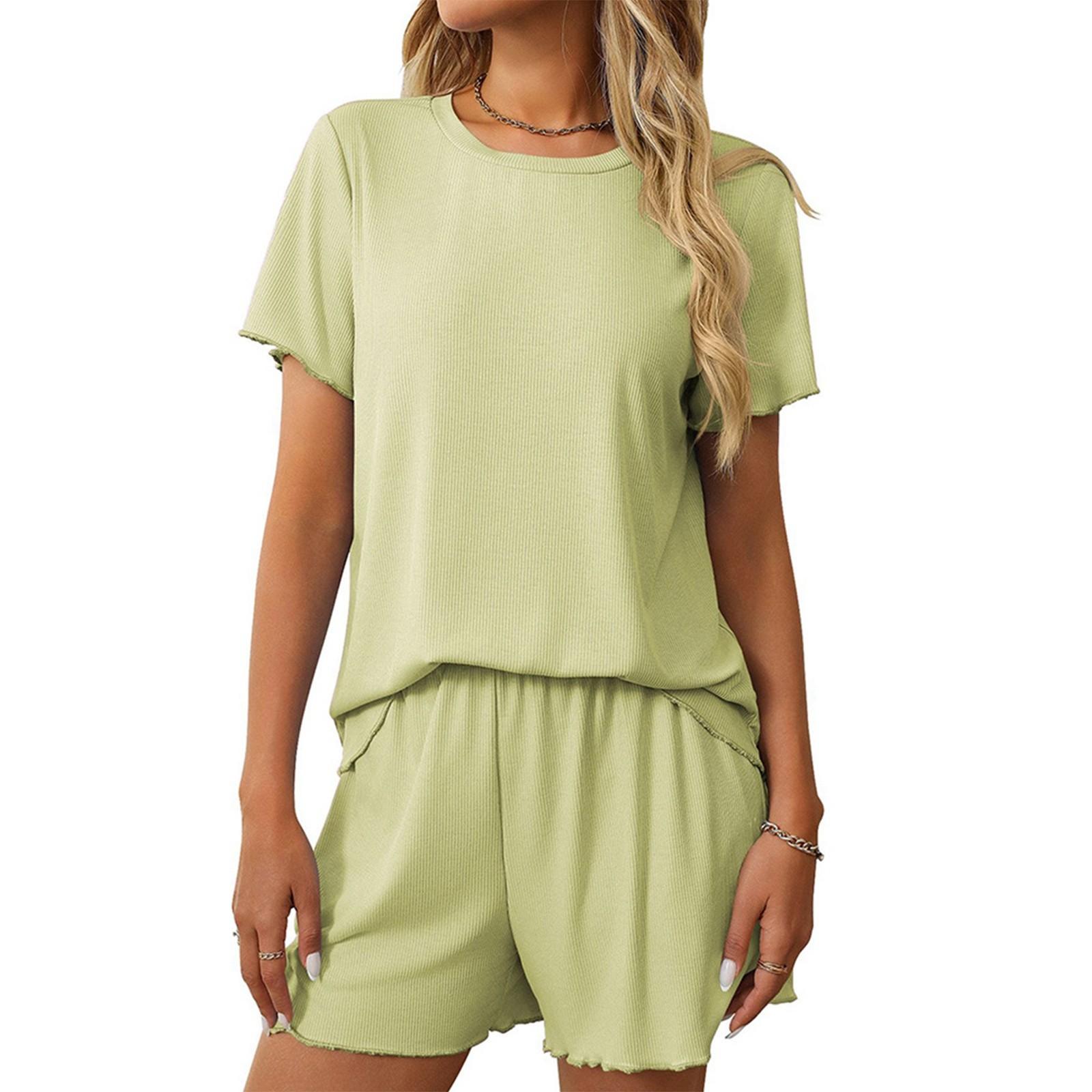 

Женская повседневная однотонная пижама с короткими рукавами, шорты, домашняя одежда, комплект из двух предметов M зелёный