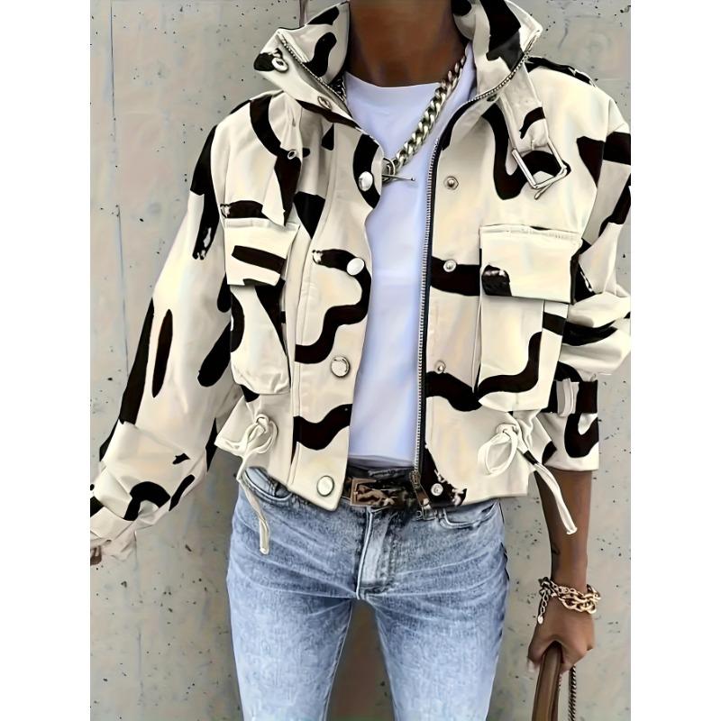Women'S Leopard Print Bomber Jacket - Elegant Casual Short Length Zip-Up Coat with Stand Collar, Long Sleeves & Single-Breasted Front,