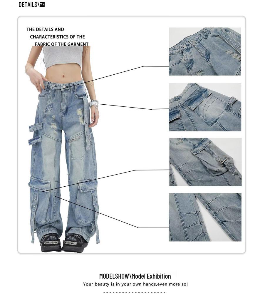 Damen Deconstructed Cargo-Jeans mit mehreren Taschen und Rissen - Gewaschen, Lockerer Gerader Weiter Bein