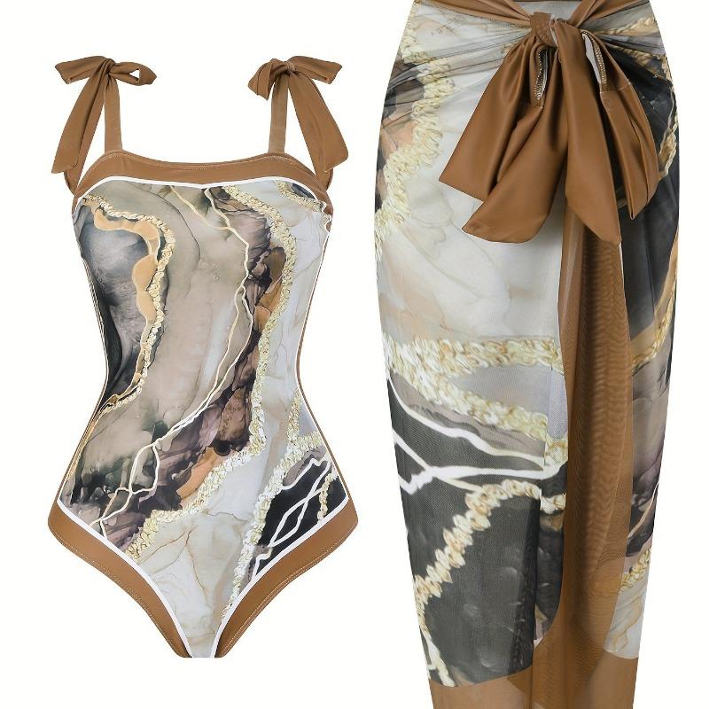 

Women s Tropical Floral Print Cross Ruched One-Piece Swimsuit With Matching Sarong Two-Piece Set S
