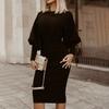 Lady Dress Puff Sleeve Slim-Fit Round Neck Knee Length Office Dress for Home