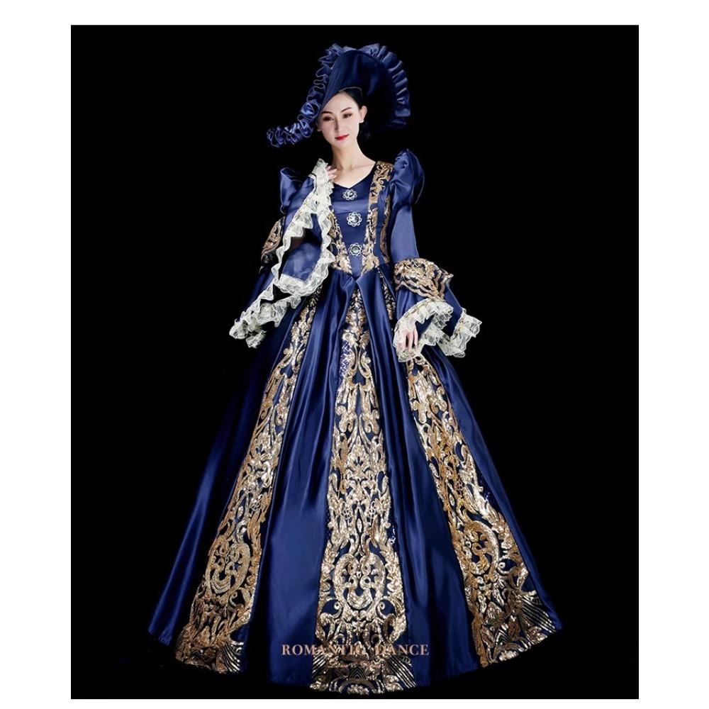 Vintage European Court Gown Women Embroidery Lace Flare Sleeve Victorian Dress with Hat for Party Cosplay