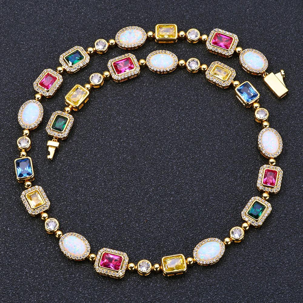 

European & American Hip Hop Colorful Gemstone Necklace, Zirconia Jewelry, Luxury Niche Clavicle Chain for Women 16 inches (40.64 cm) золотой