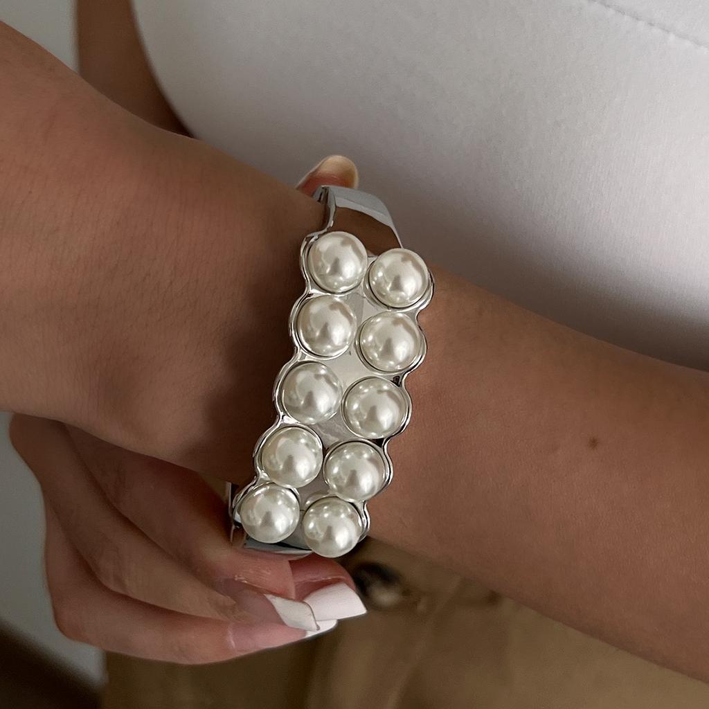Ingemark 4 Styles Creative Trendy Imitation Pearls Chunky Spring Bangle Women Hip Hop Heavy Metal Open Wide Cuff Bangle Jewelry