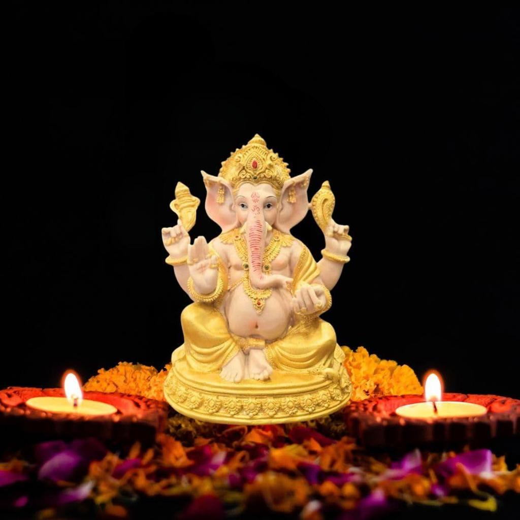 1 Piece PolyResin Gold Color Premium Decorative Lord Ganesha Statue & Idols for Home, Office, and Pooja, for Festivals, Weddings