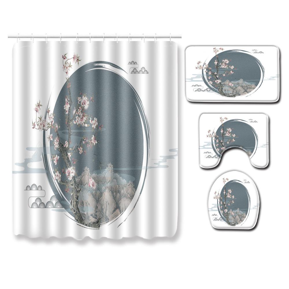 Fashion Textured Bathroom Shower Curtain Floor Mat Toilet Cover Foot Mat Four-Piece Set