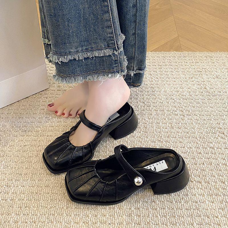 High-heeled bag head half slippers women's outer wear 2025 new spring and summer thick heel medium heel silver Mary Jane single shoes sandals