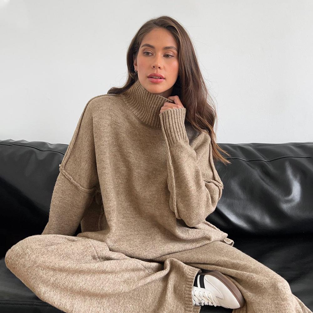 Women's Autumn/Winter High-Neck Sweater and Knit Pants Set - European/American Style, Loose Fit, Thick, Casual