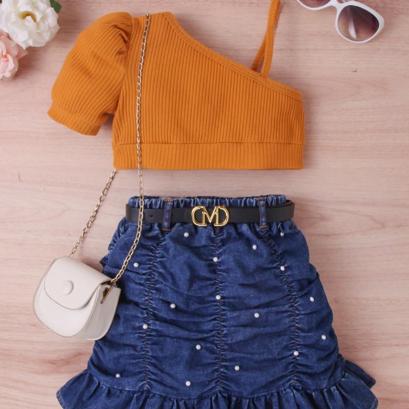 Girls' Fashion Set, Summer Children's Solid Color Sleeveless Top, Denim Pleated Skirt Set, Belt