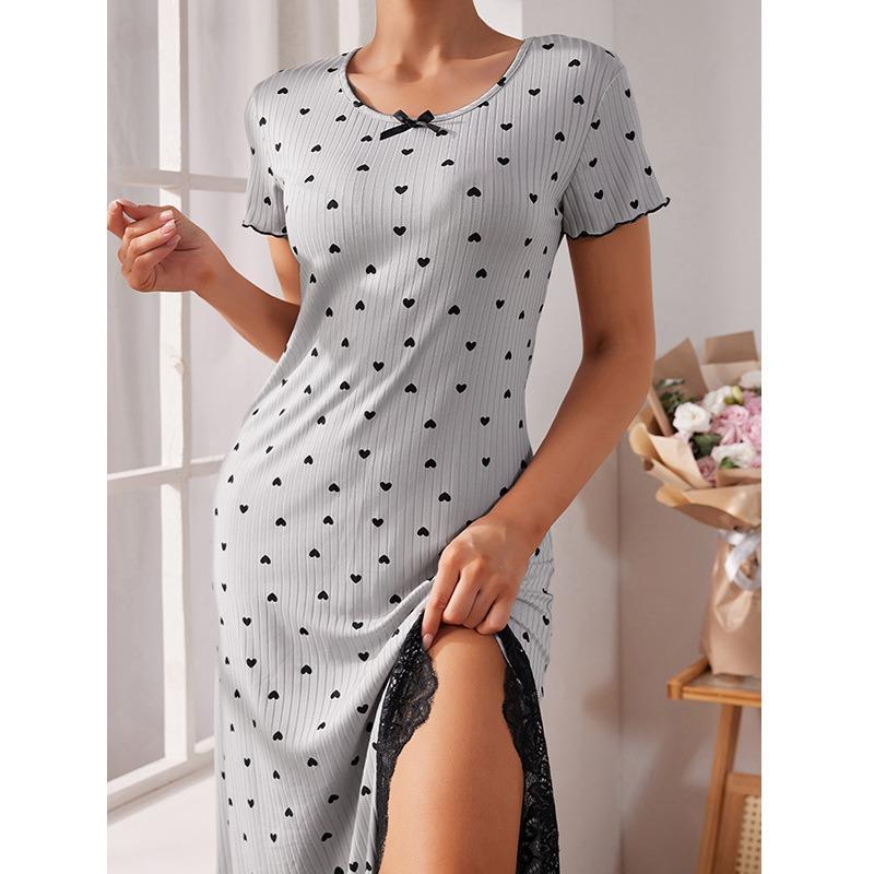 Women's Elastic Drawstring Slim Figure Round Neck Short-sleeved Love Big Size Nightgown Open Fork In The Middle of The Long Dresses