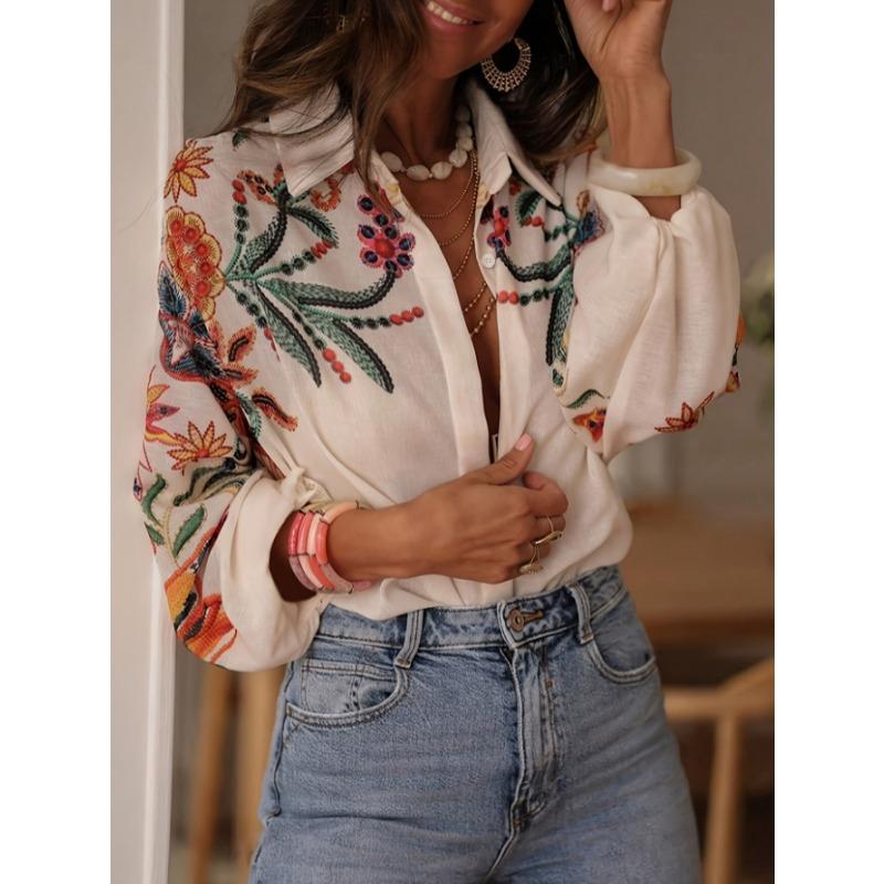 New Loose Long Sleeved Printing Floral Shirts Spring and Summer Casual Blouse Lapel Simple Top Long Sleeve Simple Sweet Office Clothing