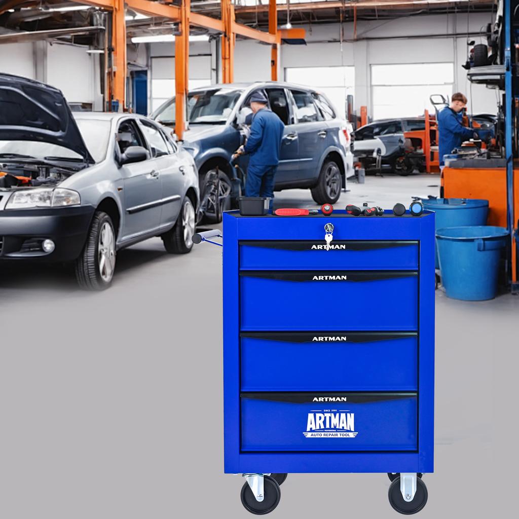 Mobile Metal Tool Cabinet with 4 Drawers, 508 mm (20 Inch) and Ball-Bearing Drawer Slides, Organizing Steel Tool Box - Black-Blue