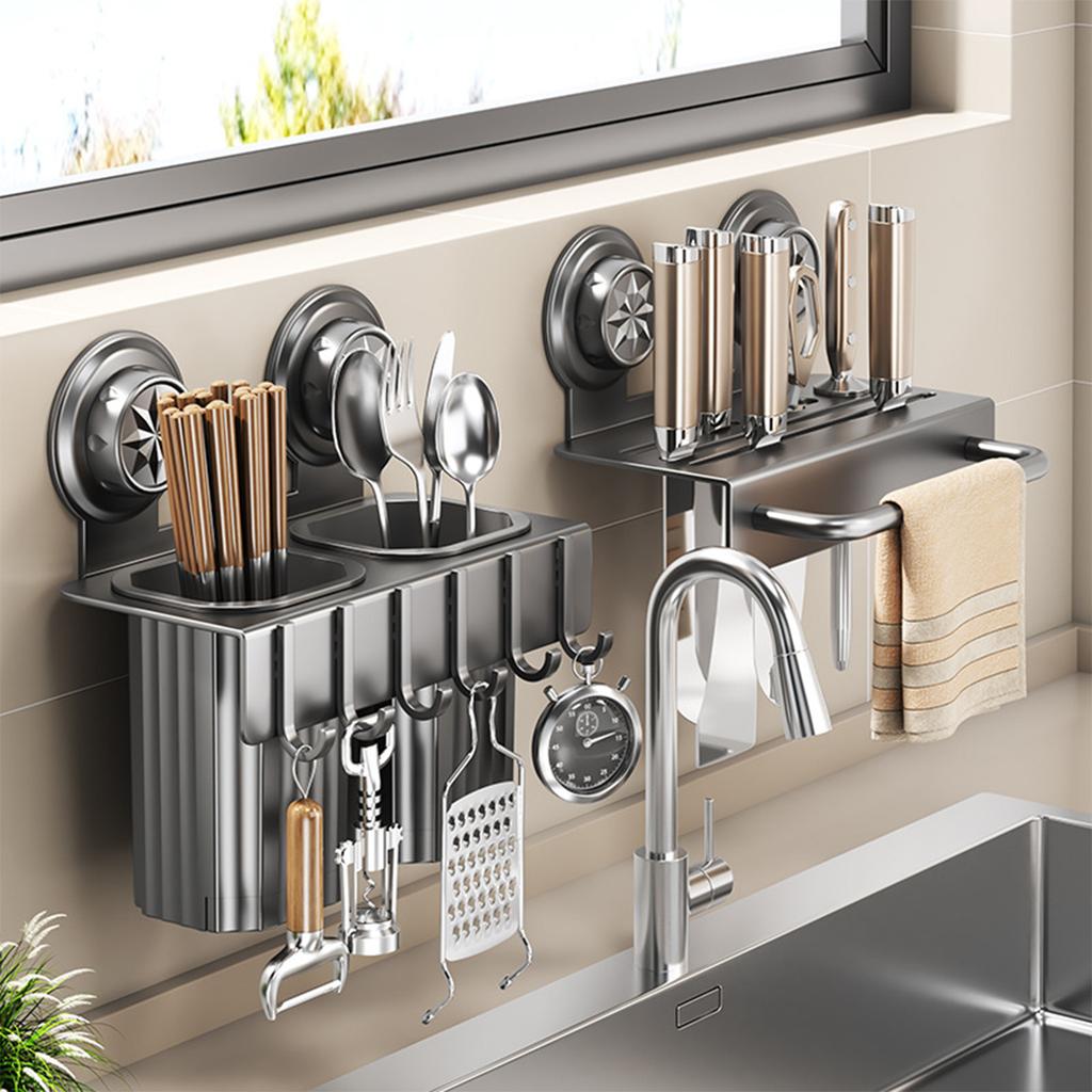 Wall Mounted Kitchen Storage Rack Organizer No Punching Knife Fork Spoon Drain Chopstick Holder With Hook Tableware Sorting Box