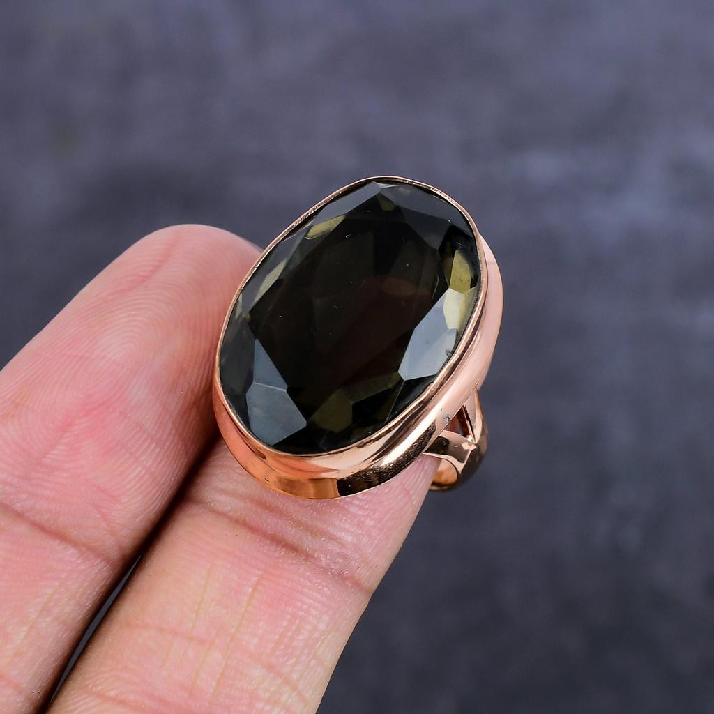 Drahokam kouřový topaz Ručně vyráběný měděný šperk Prsten Velikost 8