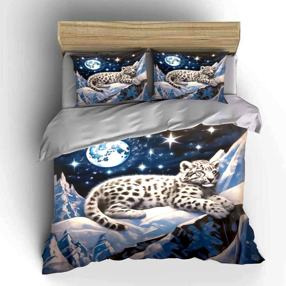 Starry Full Moon Snow Mountain Snow Leopard Cub Bedding SetSoft Skin-Friendly Bedding Set1 Duvet Cover And 2 Pillowcase Gift