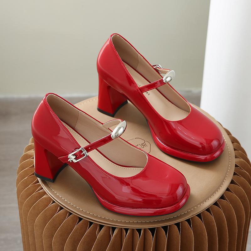 Genuine Leather Mary Jane High Heel Shoes Women's Chunky Heel Slip-On Elegant Mouth Mini Leather Shoes round Toe Rubber Sole