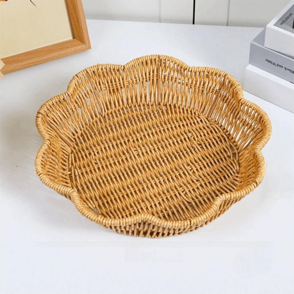 Flower Shape Imitation Rattan Basket Handwoven Woven Bread Plate Fruit  Serving Tray  Dining Table