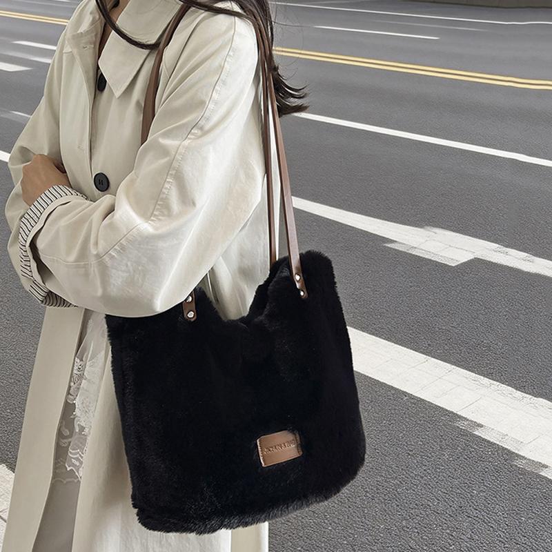 Yogodlns Women's Large Capacity Furry Tote Bag Commute Shoulder Bag Underarm Bag Soft Material Easy To Clean Vertical Square