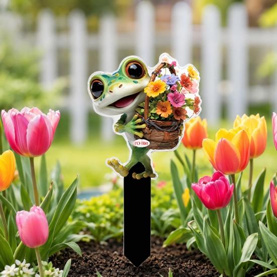 Yousheng Cartoon Frog Garden Stake, 2D Acrylic Cute Frog Garden Decoration, Waterproof Outdoor Yard Art Stake for Lawn Flower Bed Planter
