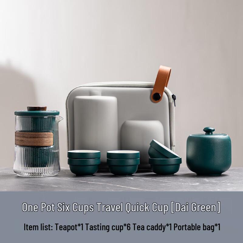 SHIJIANA Portable Ceramic Travel Tea Set 1 Pot, 6 Cups, Caddy & Tray