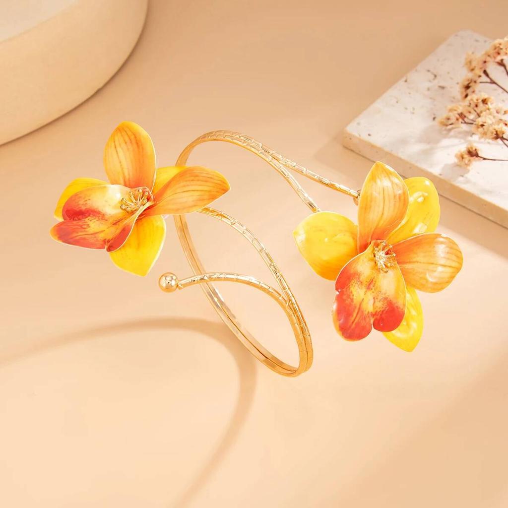Salircon Vintage Exquisite Colorful Flower Open Arm Bangle Bracelets Women Trendy Creative Boho Gold Color Bangles Y2K Jewelry
