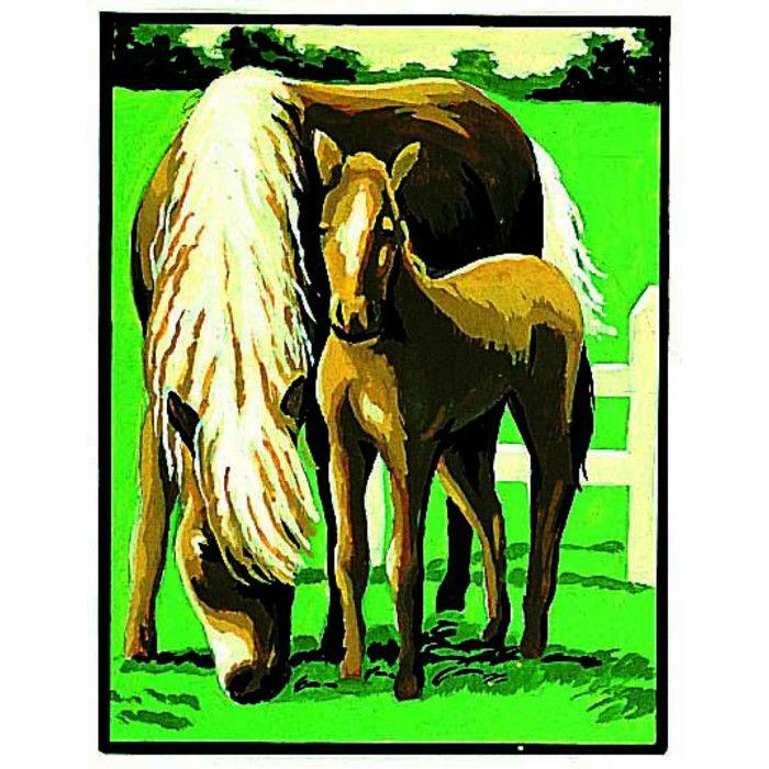 Kit canevas blanc Jument et son poulain 20x25cm