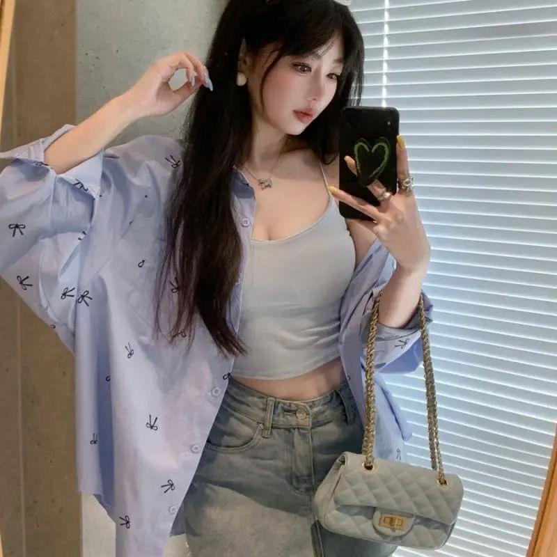 Loose Lazy Style Bow Printing Long-sleeved Shirt Women's Spring and Summer New Design Sense Casual Sunscreen Shirt Top