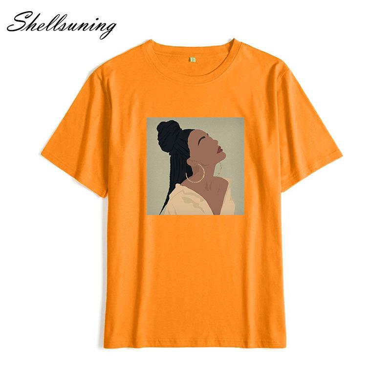 Shellsuning Summer Vintage Printed Cotton T Shirt Women Loose Short Sleeve Trend Tees Female Casual Streetwear All-match Basic Tops