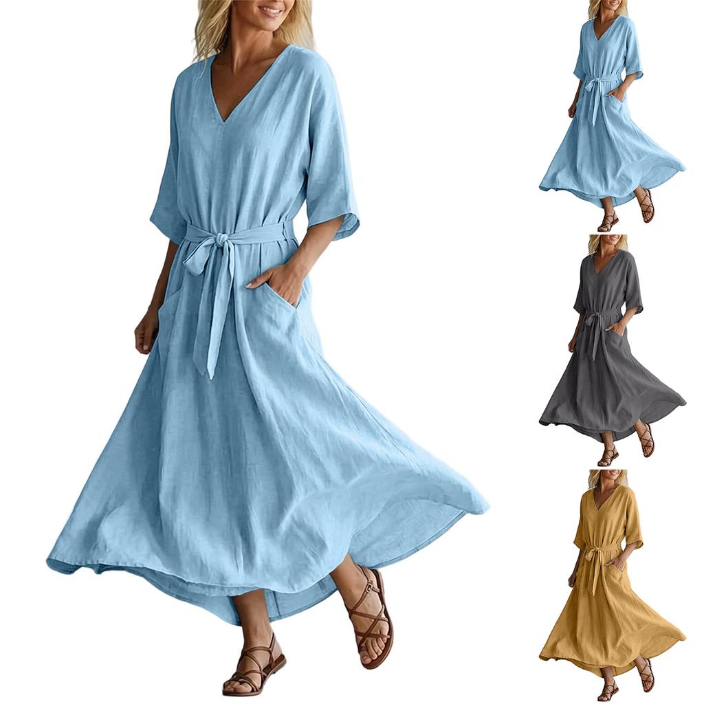 Women’s Summer Casual V Neck Short Sleeve Dress with Waist Tie Relaxed Fit Lightweight Midi Length for Everyday Wear