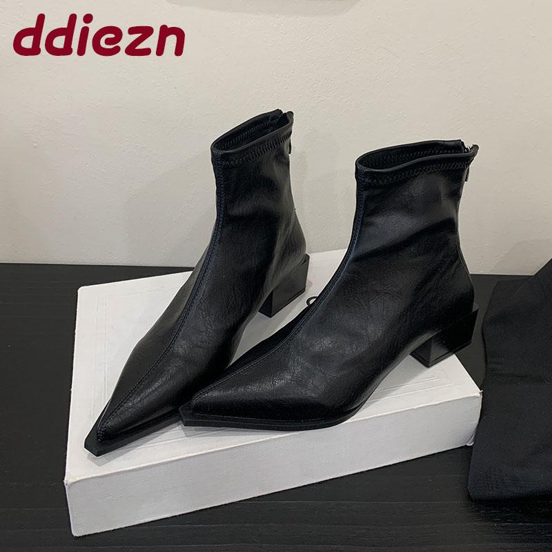 Mode Mode Stretch Damen Stiefeletten mit Absatz Schuhe Spitzschuh Damen Moderne Kurze Stiefel Weiblich Reißverschlüsse Schuhe Pumps