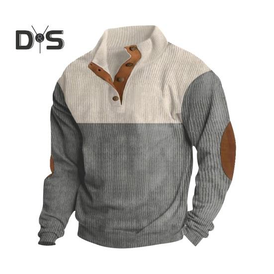 

Осень-весна Мужская толстовка с воротником-стойкой на пуговицах, цветные вставки, длинные рукава, спортивный повседневный топ M