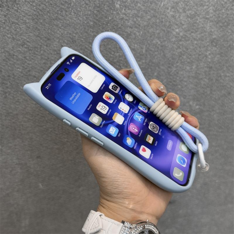 Cute Cat Ear Magsafe Case for iPhone 13 14 15 16 Pro Max 11 12 15 16 Plus Transparent PC TPU Armor Cover with Wrist Strap Chain