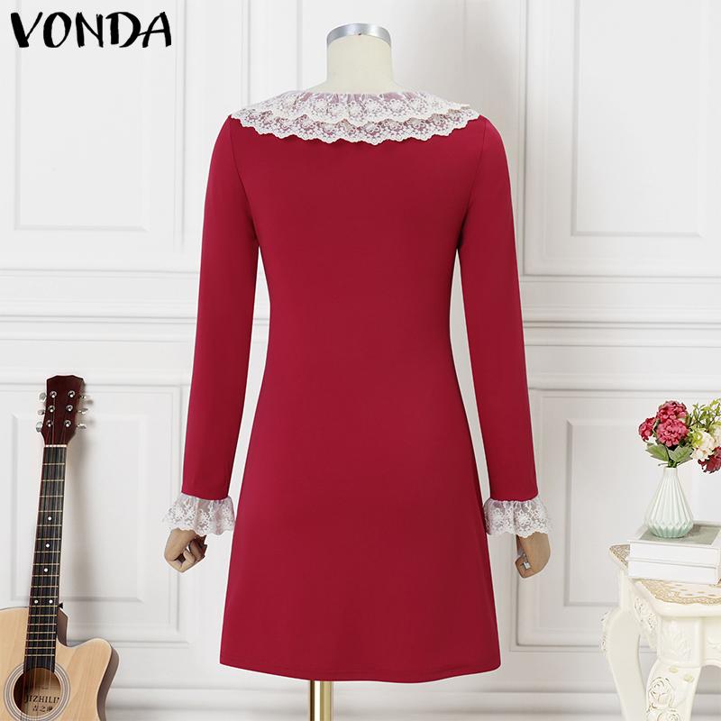 VONDA Women Autumn Lace Round Neck Long Sleeve Dresses
