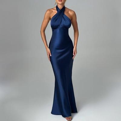 Vestido longo de festa sensual sem costas, moda verão, feminino, sem mangas, elegante, casual, liso, slim fit, com cadarço, estilo halter, 26191