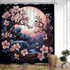 1Pc Moonlit Cherry Blossoms Shower Curtain - Pink & White Floral Design With Waterfall Lake & Full Moon, 70X70 Inches, Machine