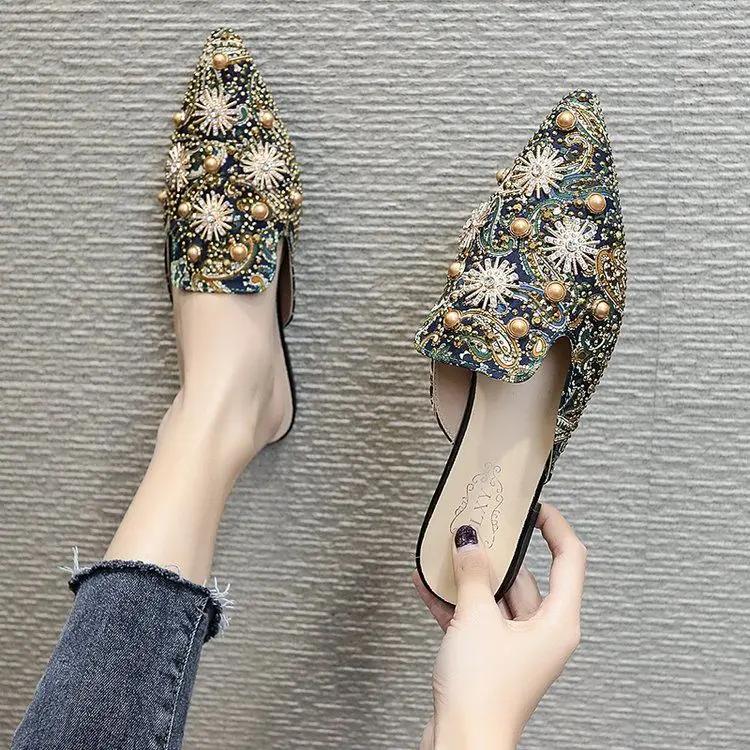 Fashion Pointed Toe Mules Slides Shoes For Women Tide Woman Slippers Multi Color Outside Flat Sandals Trend New Collection Sale Luxury Y