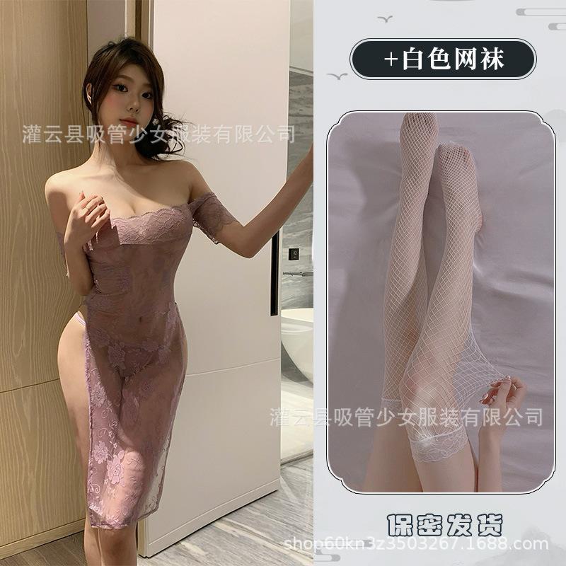 Lace perspective tube top dark flower shoulder dress pure desire lingerie royal sister
